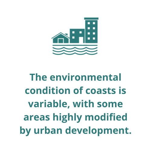 The environmental condition of coasts is variable, with some areas highly modified by urban development.