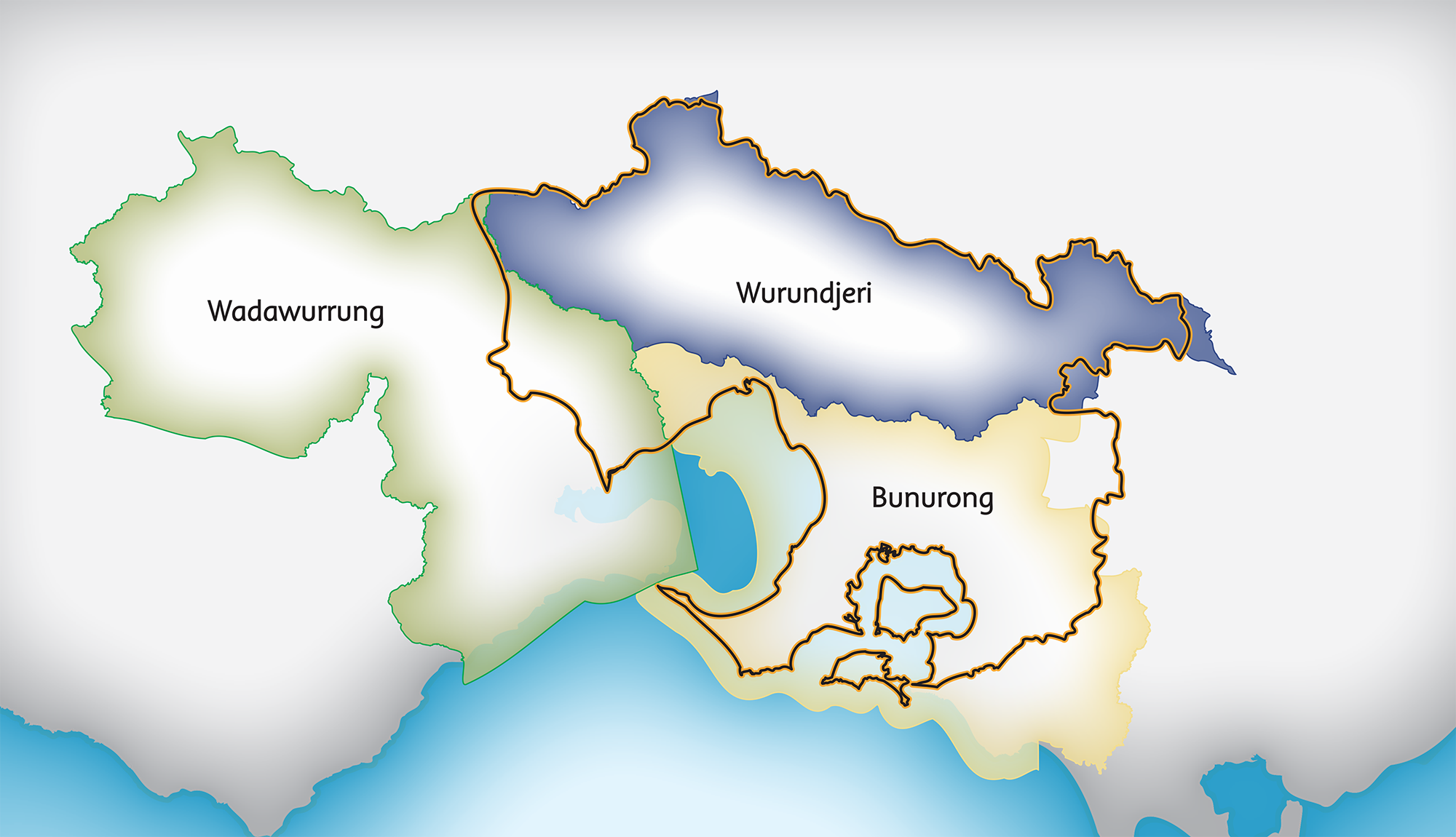 Map showing the Registered Aboriginal Parties in the Port Phillip and Western Port region. Wadawurrung to the west, Wurundjeri across the north and Bunurong along the south and east.